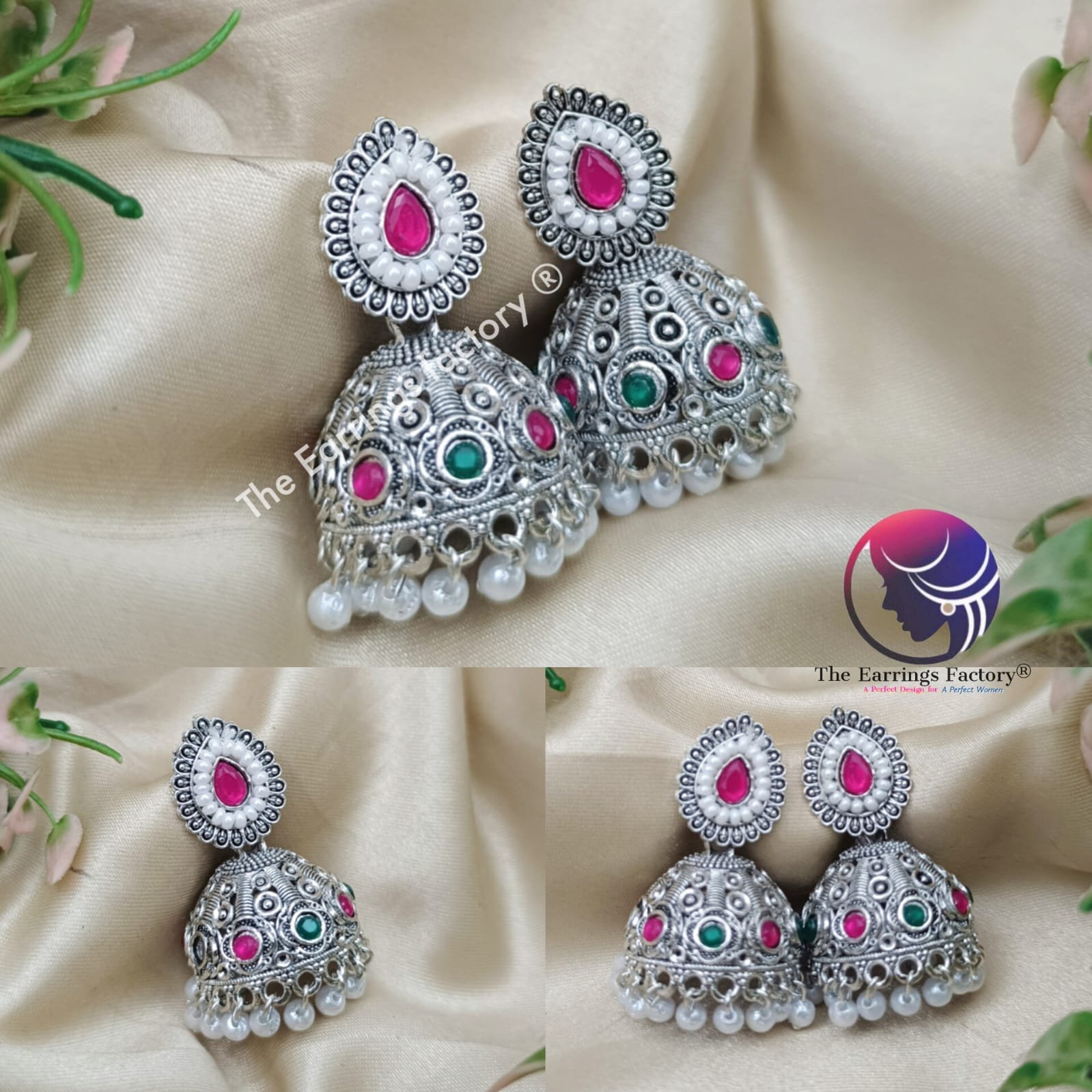 Traditional Silver Pearl  Beads Multi Stone Pearl  Jhumka