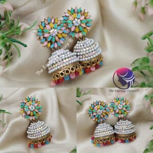 Traditional Golden Colourful Beads Floral Multi Stone Pearl Jhumka