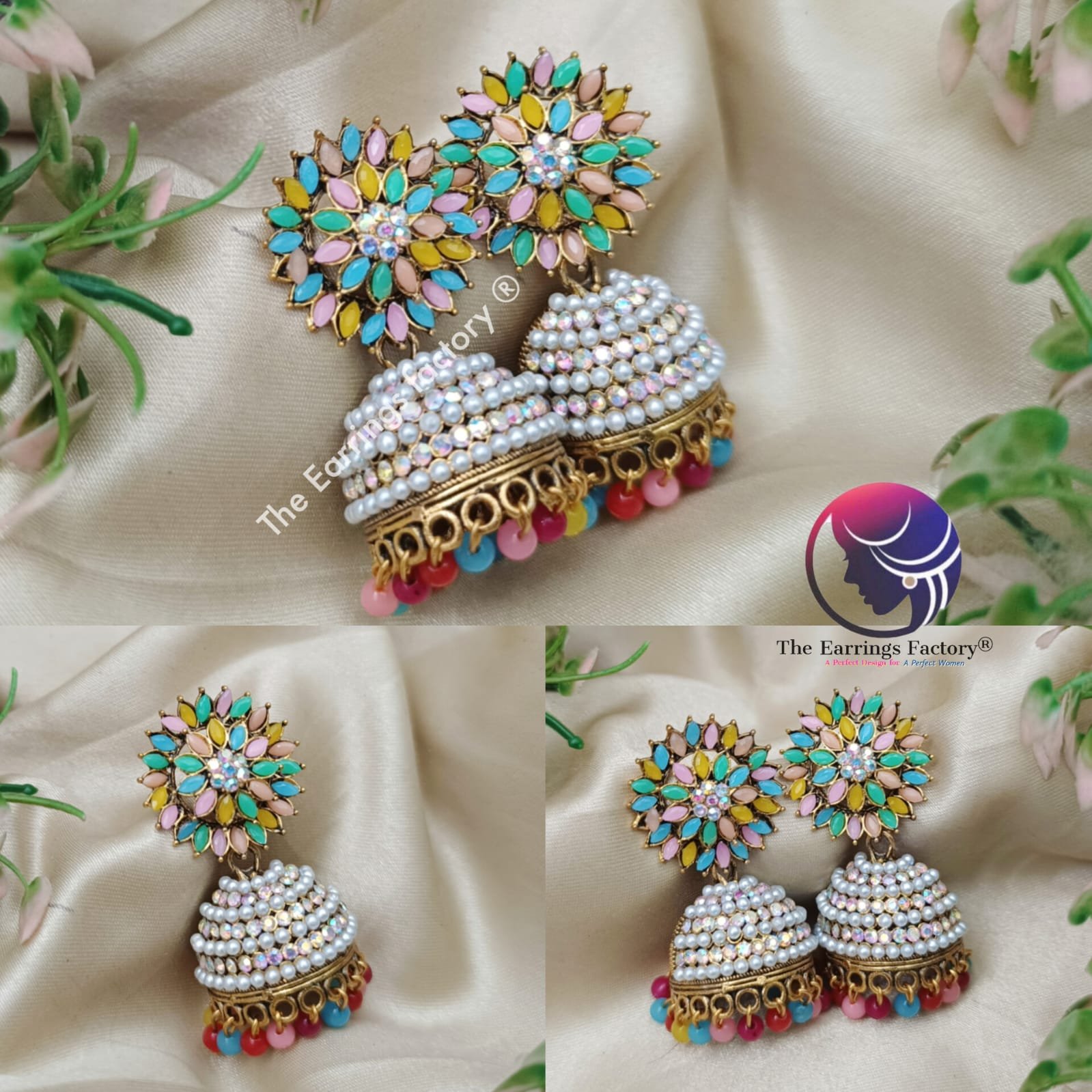 Traditional Golden Colourful Beads Floral Multi Stone Pearl Jhumka