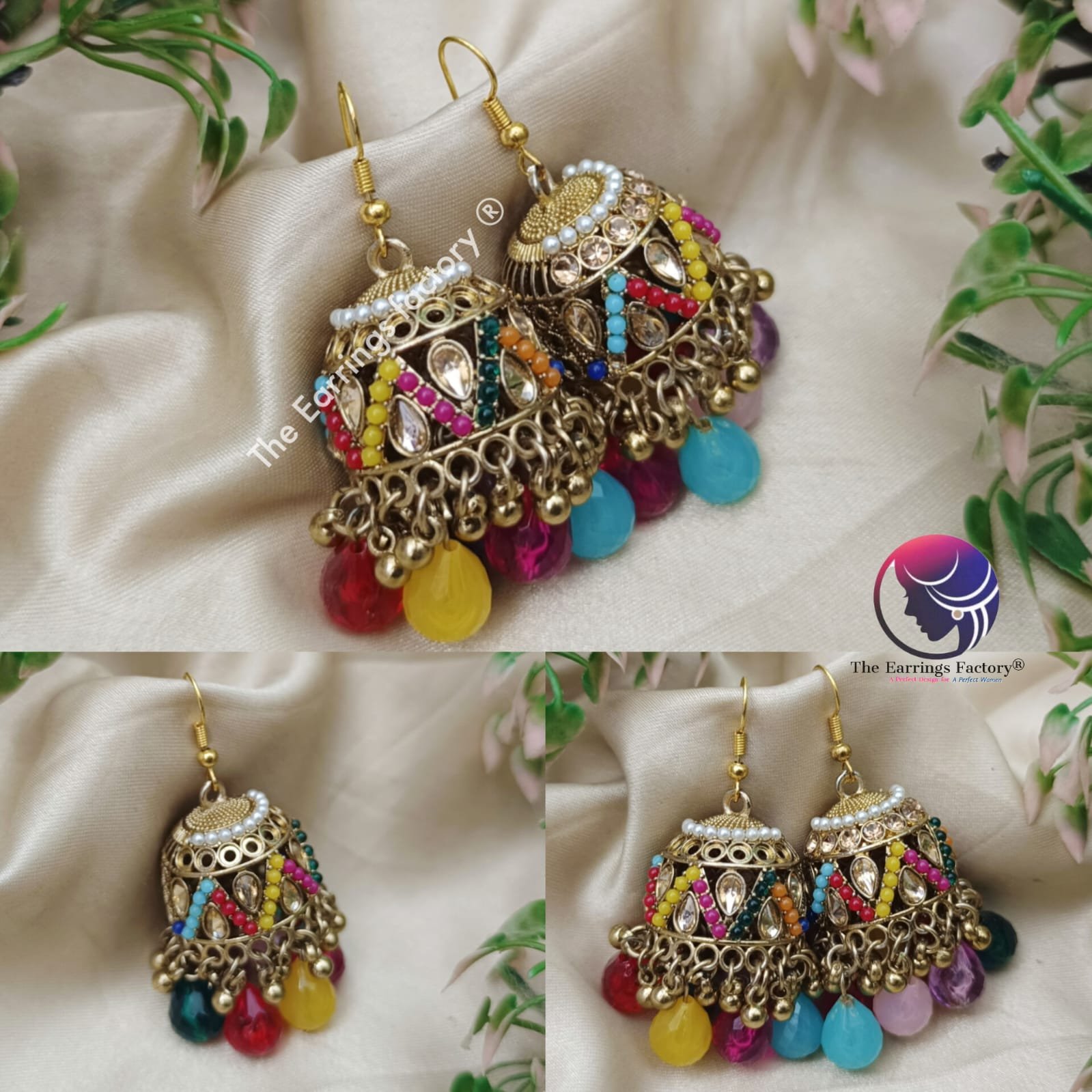 Trending Weightless Golden Hook Colourful pearl beads Stone Jhumka