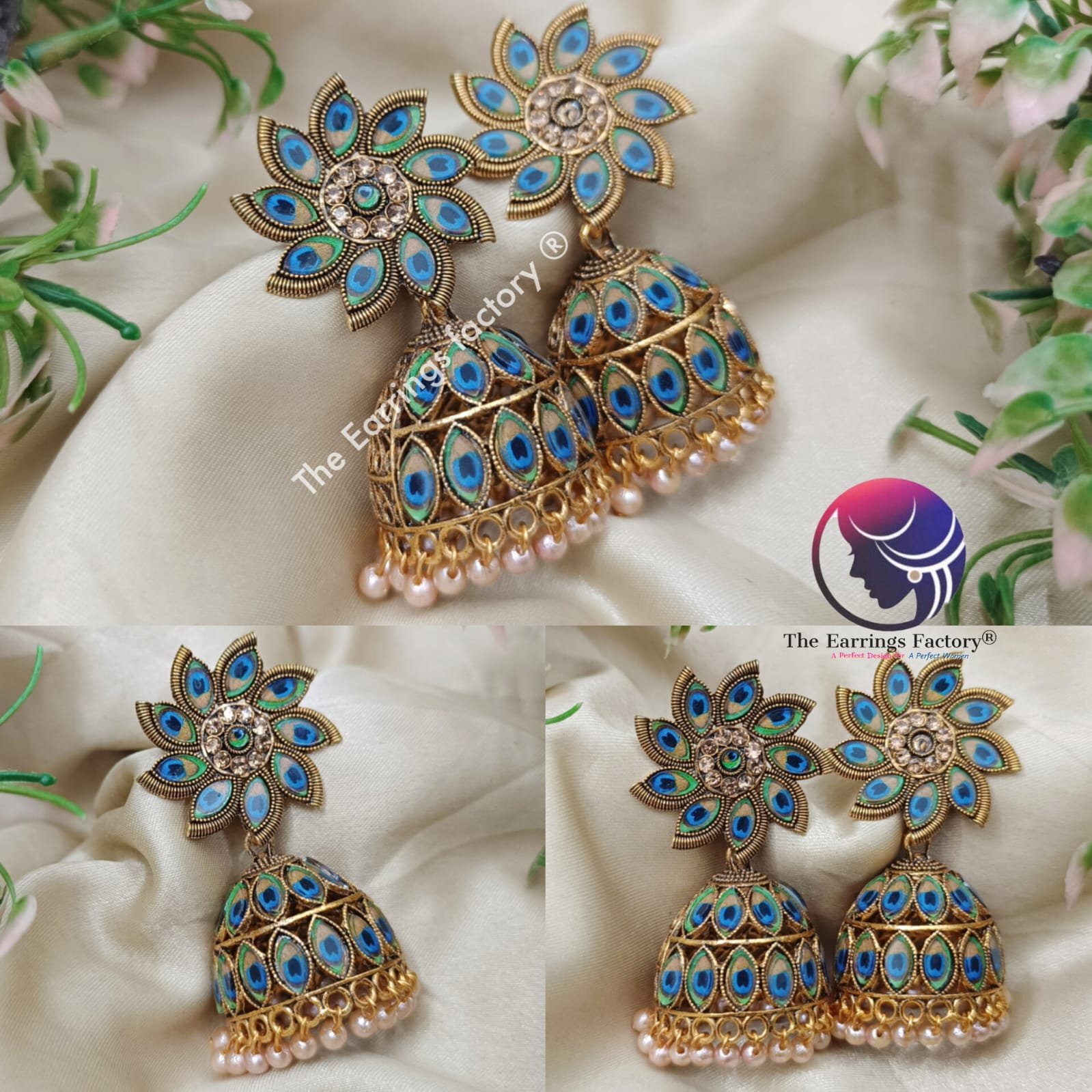 Trending Golden Pearl Beads Peacock Feather Stone Jhumka
