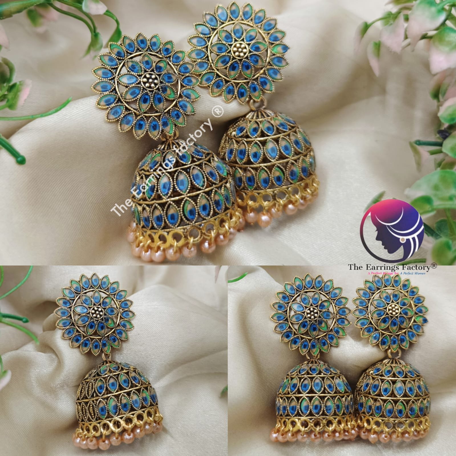 Trending Golden Pearl Beads Peacock Feather Stone Jhumka