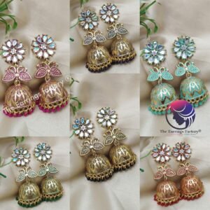 Traditional Golden Blinking Floral Stone Colourful Pearl Beads Stone Jhumka