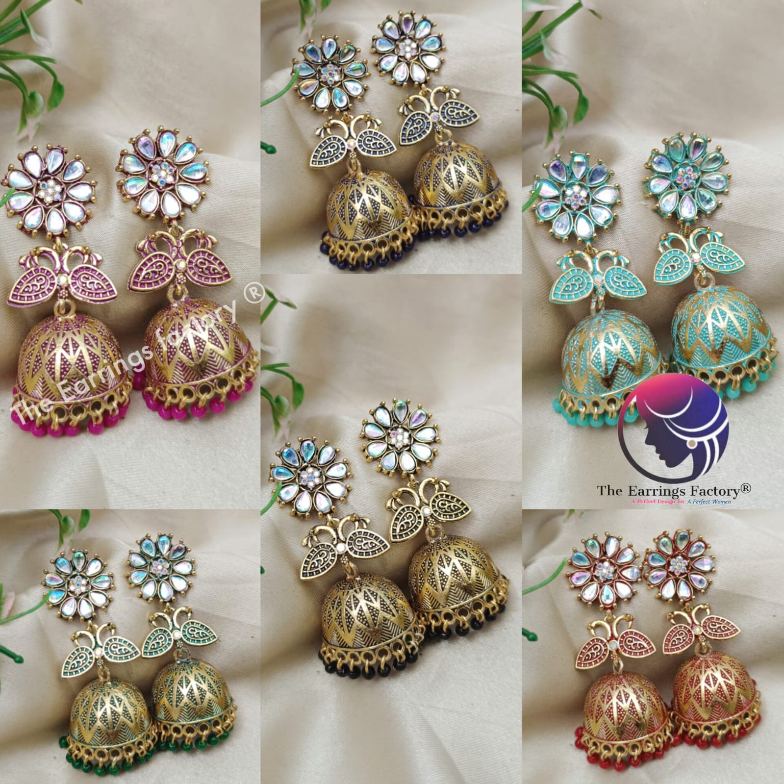 Traditional Golden Blinking Floral Stone Colourful Pearl Beads Stone Jhumka