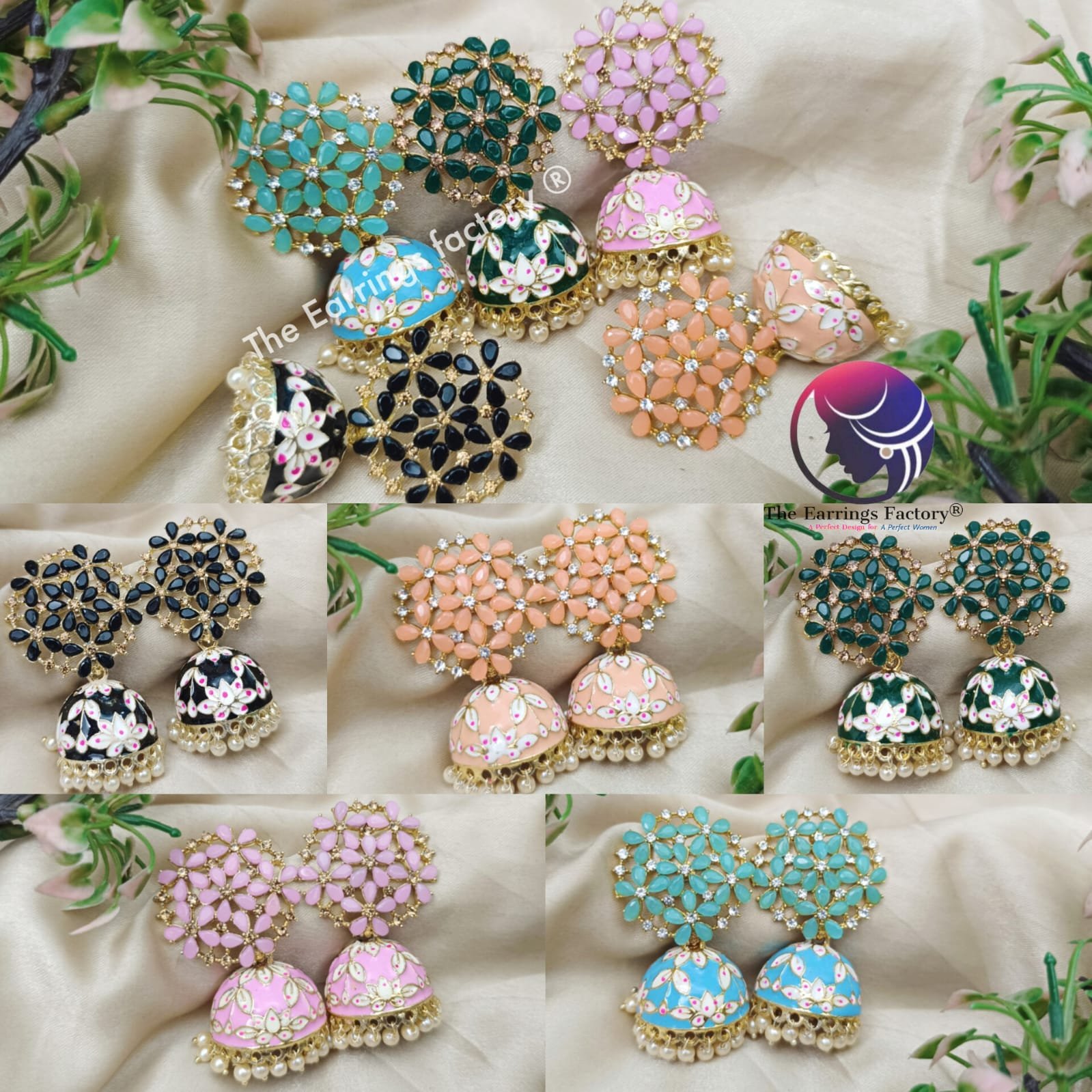 Trending Golden Hand Painting Meenakari Floral Stone Jhumka