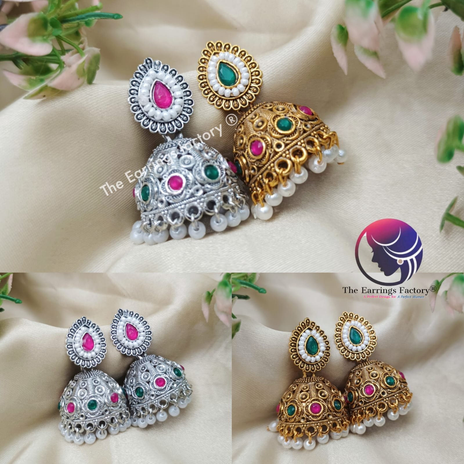 Traditional Golden | Silver Multi Stone  Pearl Jhumka