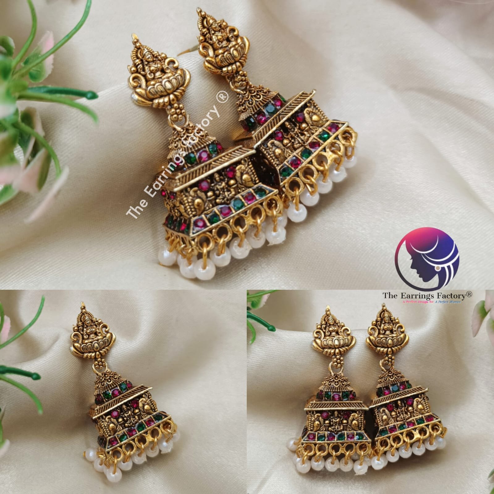 Traditional Golden Lakshmi Pearl beads Stone temple Jhumka