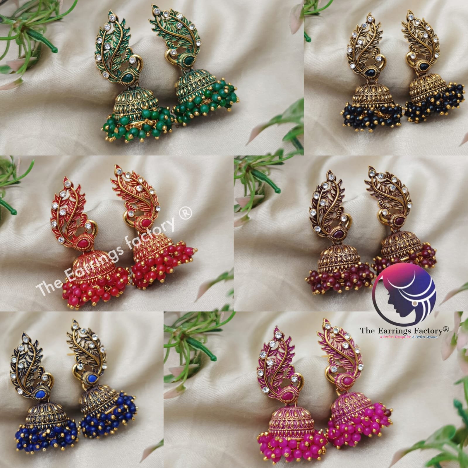 Traditional Golden Colourful Pearl Beads Peacock Stone Jhumka