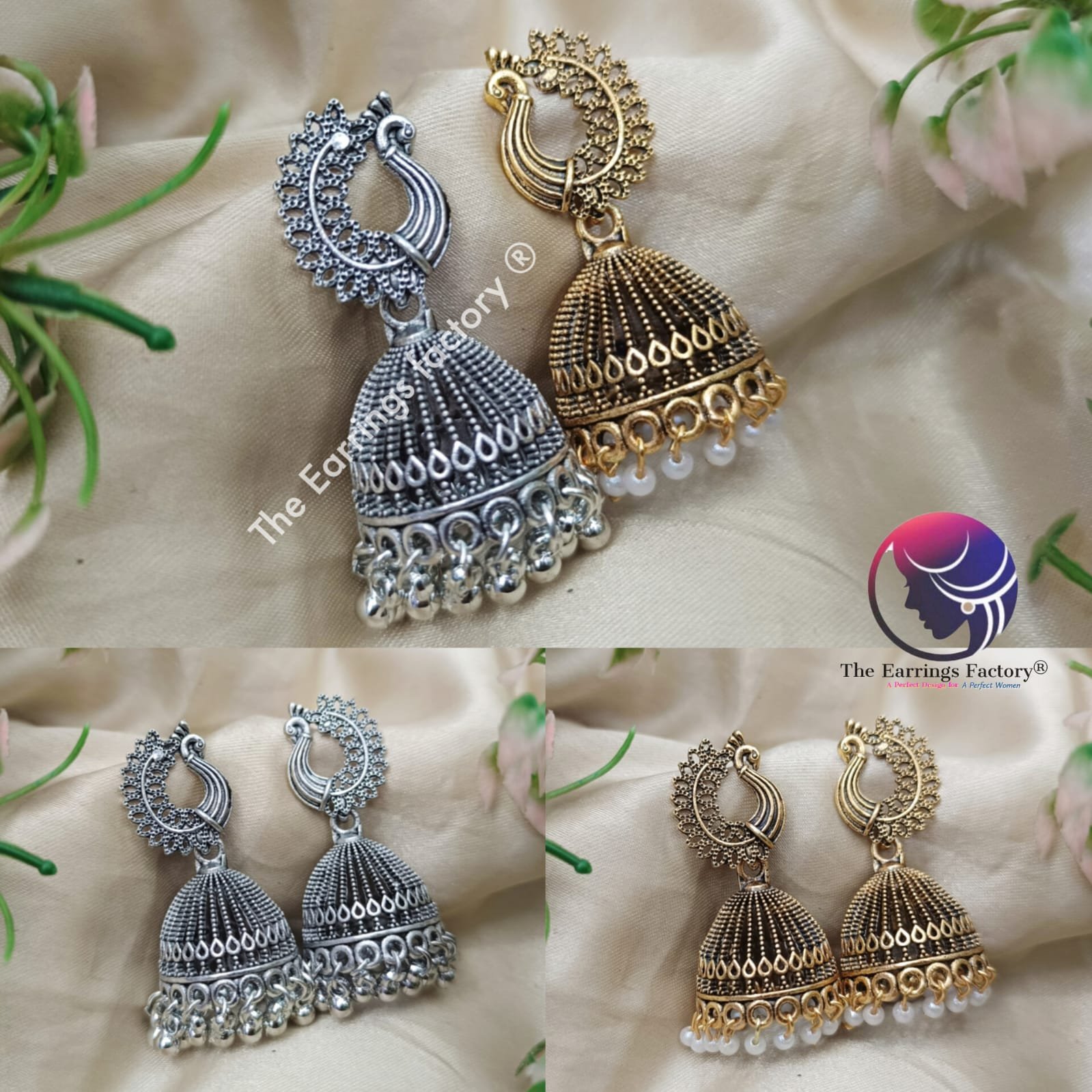 Traditional Golden | Silver Pearl Beads Peacock Jhumka