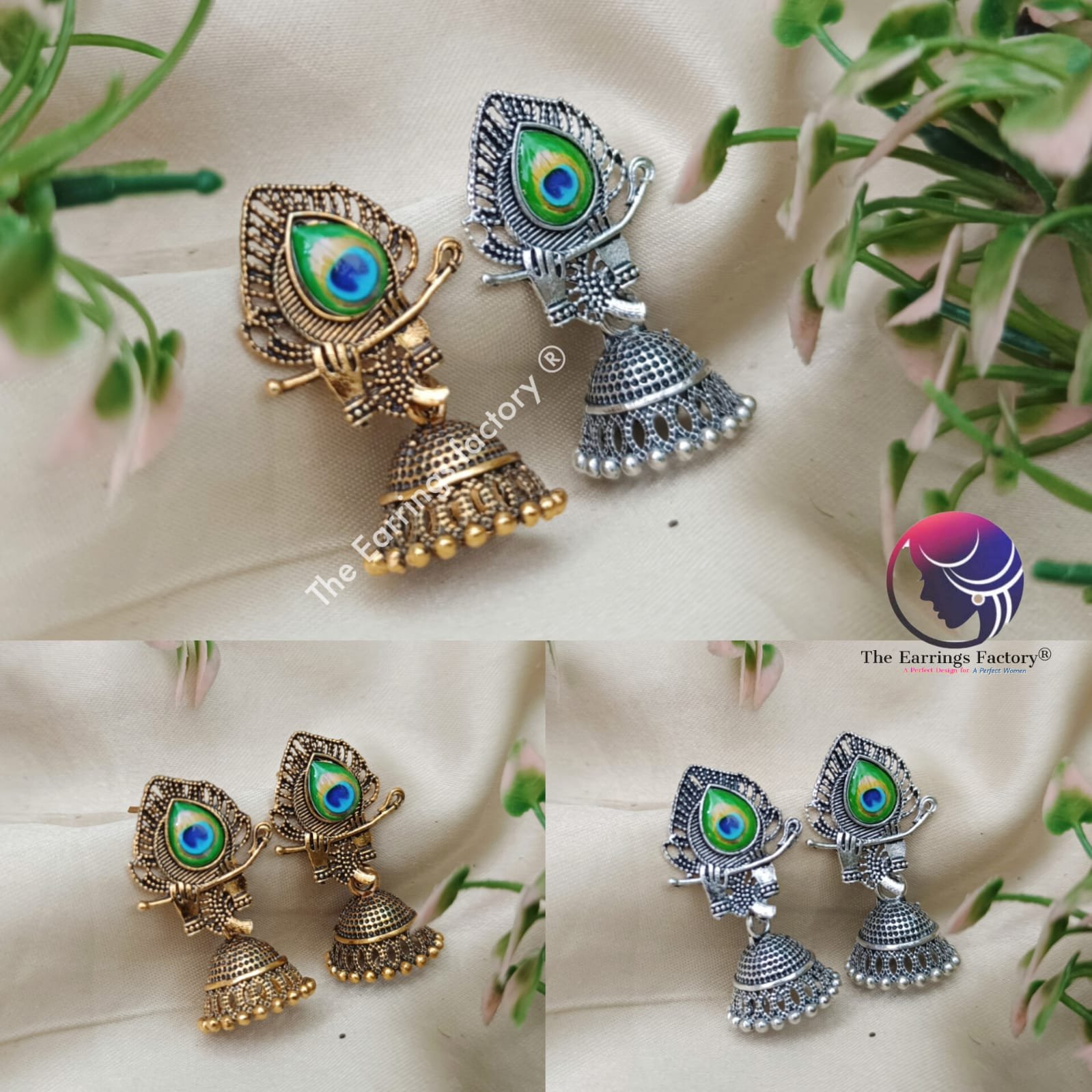 Traditional Golden | Silver Peacock Feather Radha Krishna Jhumka