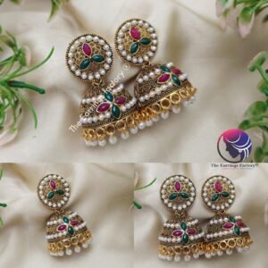 Traditional Golden Colourful Multi Stone Pearl Jhumka