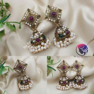 Traditional Golden Colourful Multi Stone Pearl Jhumka