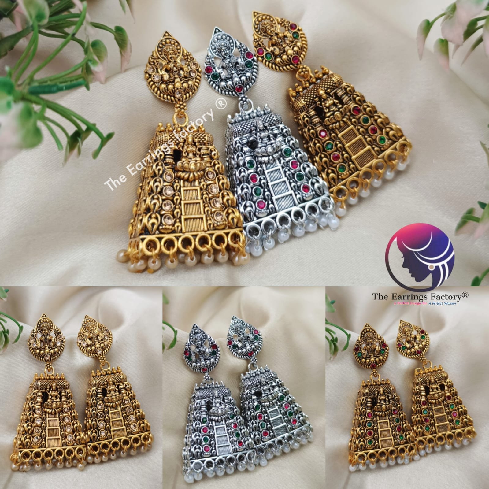 Traditional Gopuram Golden | Silver Lakshmi Stone Jhumka