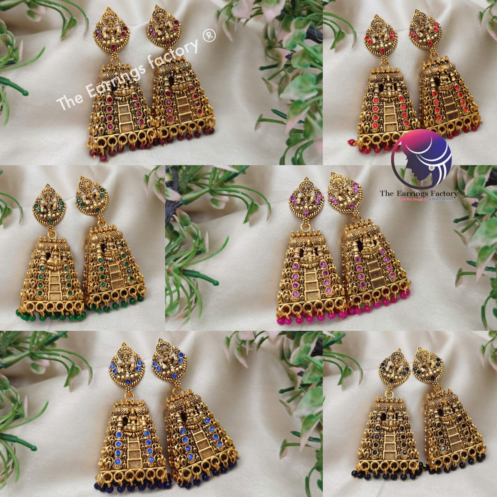 Traditional Gopuram Golden Colourful Pearl beads Lakshmi Stone Jhumka