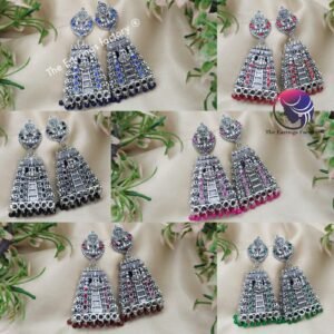 Traditional Gopuram Silver Colourful Pearl beads Lakshmi Stone Jhumka