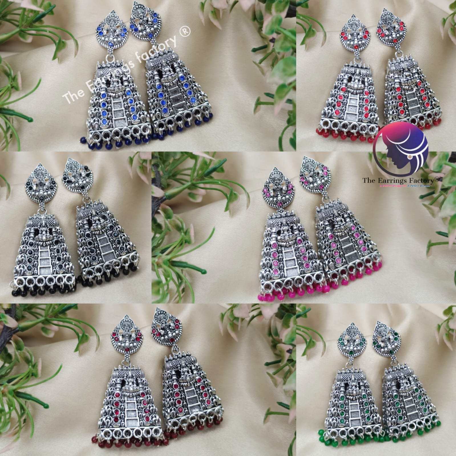 Traditional Gopuram Silver Colourful Pearl beads Lakshmi Stone Jhumka