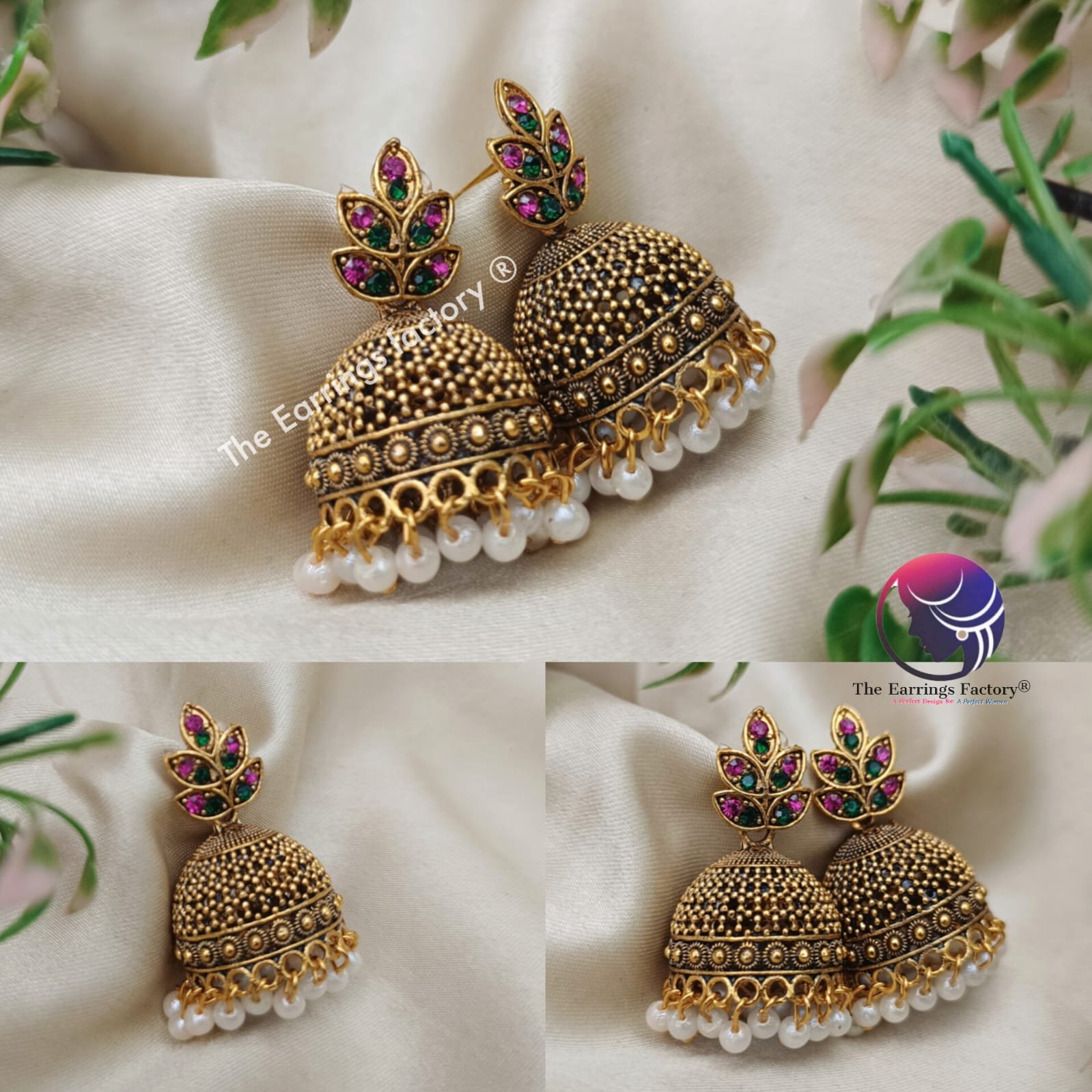 Traditional Golden Multi stone Leaf Jhumka