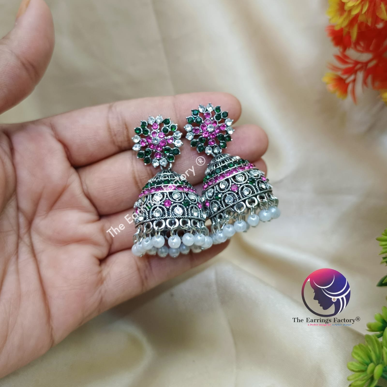 Traditional Silver Multi Stone stone Jhumka