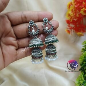 Traditional Silver Two Layer Multi Stone Jhumka