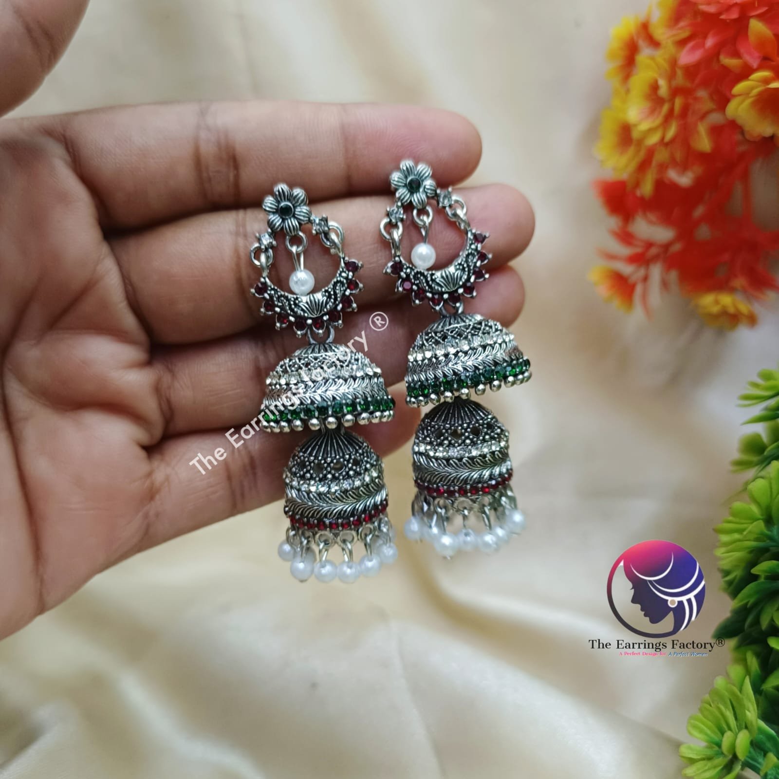 Traditional Silver Two Layer Multi Stone Jhumka
