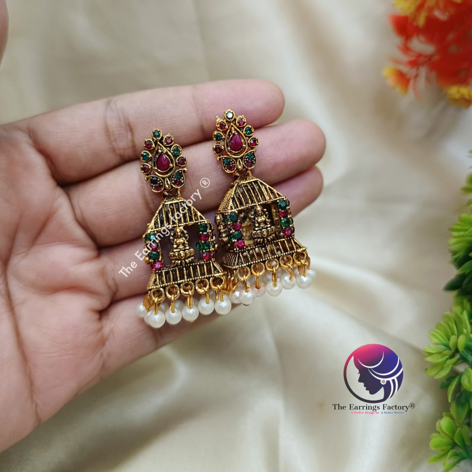 Traditional Golden Lakshmi Pearl beads Stone temple Jhumka