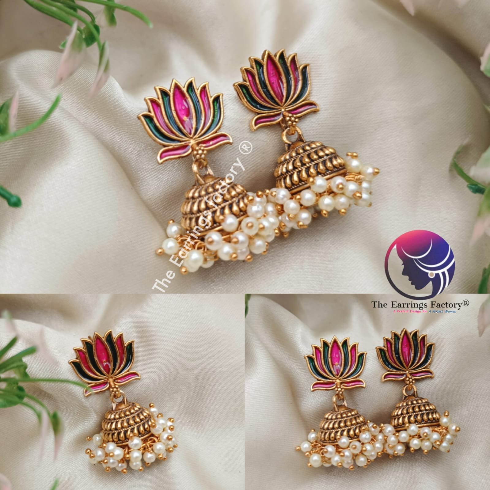 Traditional Golden Pearl Beads Colourful Lotus Jhumka
