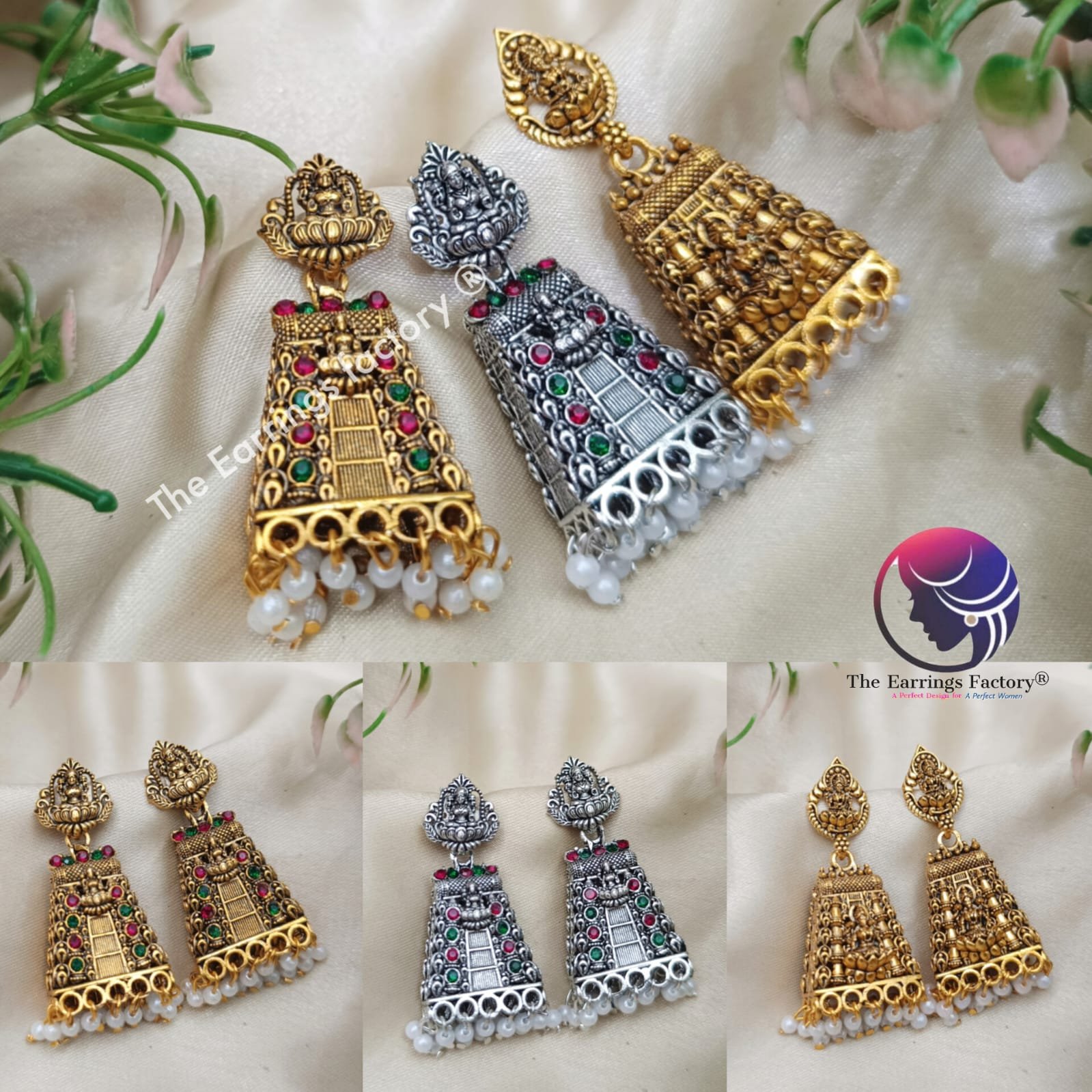 Traditional Gopuram Golden | Silver Lakshmi Stone Jhumka