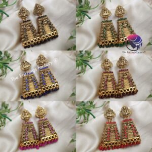 Traditional Gopuram Golden Colourful Pearl beads Lakshmi Stone Jhumka