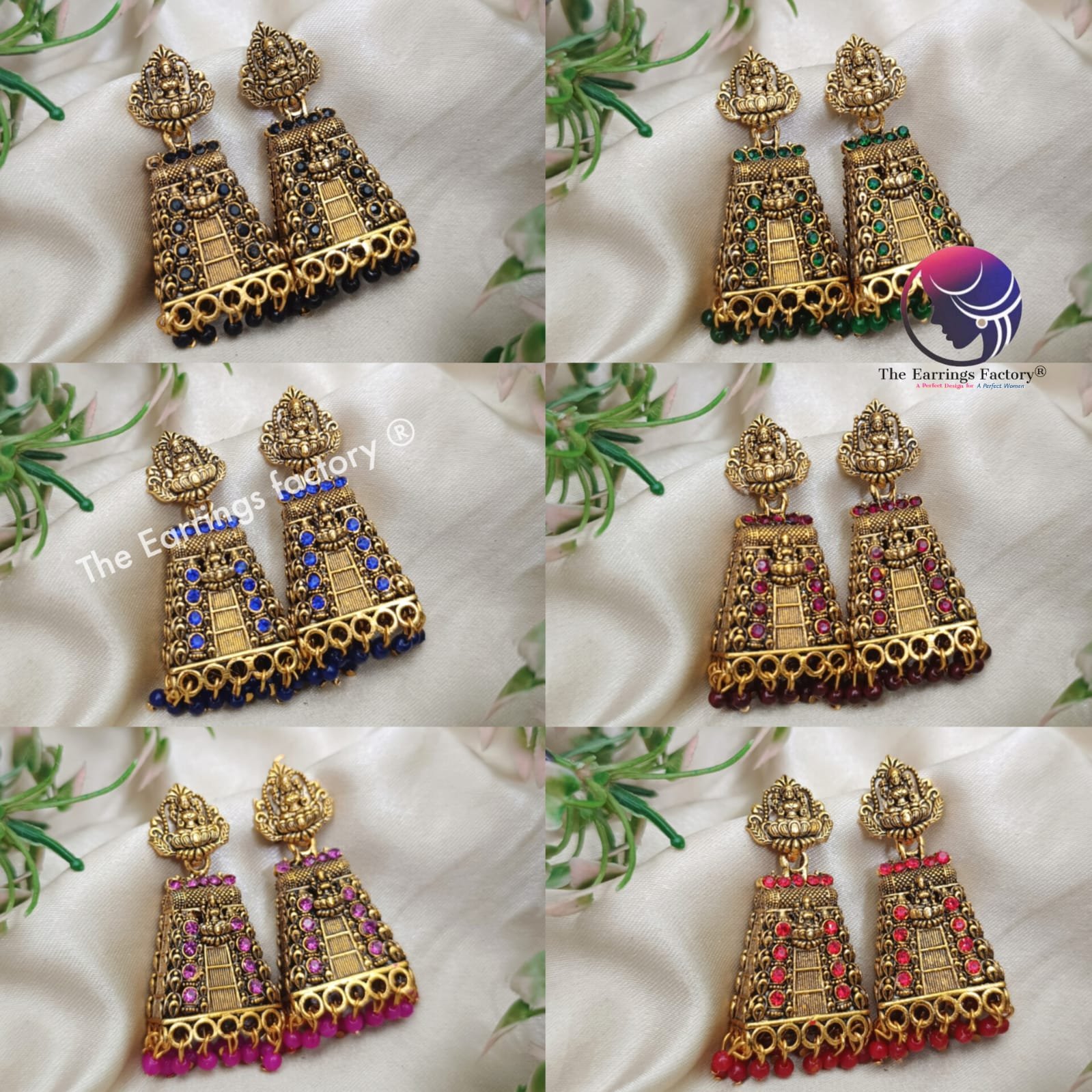 Traditional Gopuram Golden Colourful Pearl beads Lakshmi Stone Jhumka