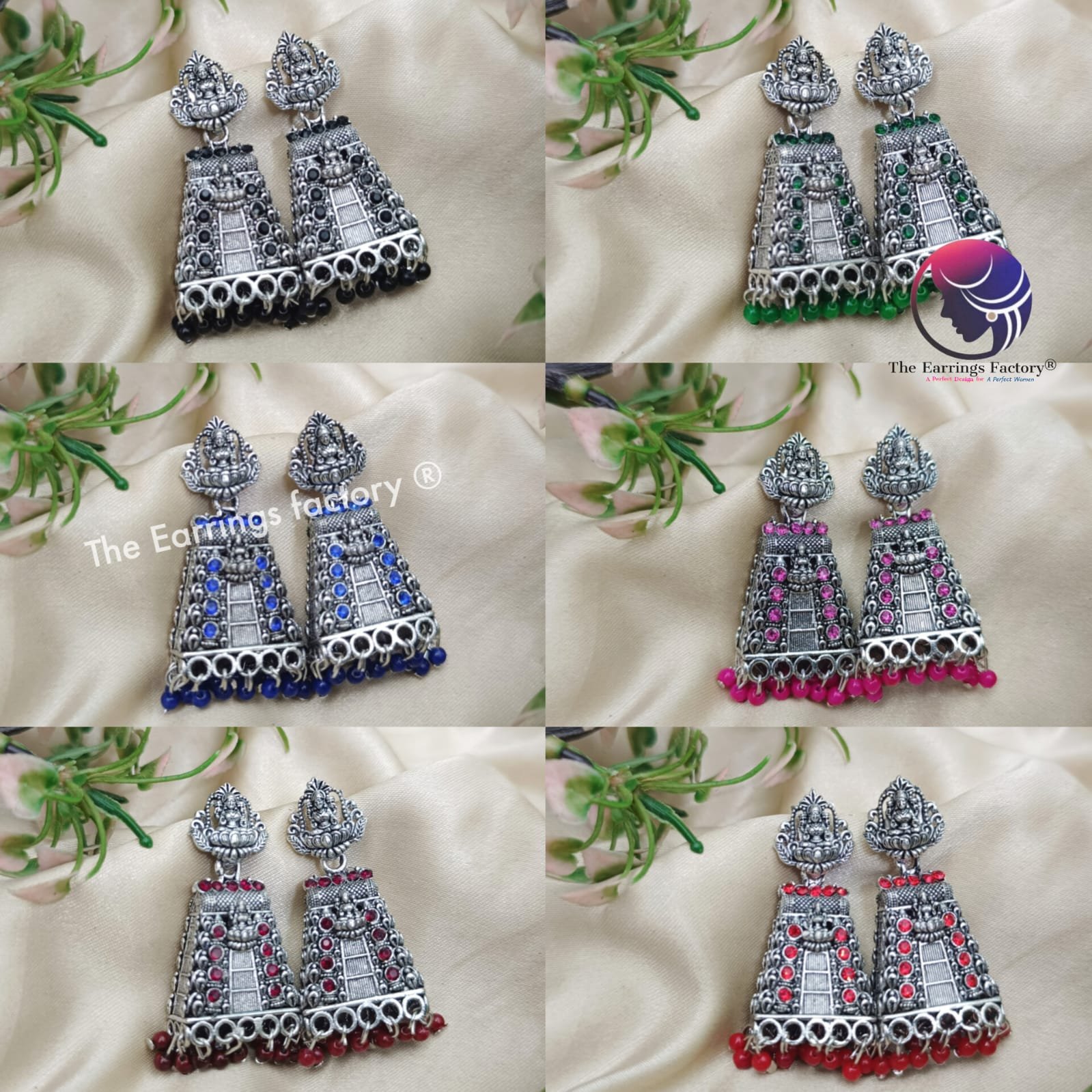 Traditional Gopuram Silver Colourful Pearl beads Lakshmi Stone Jhumka