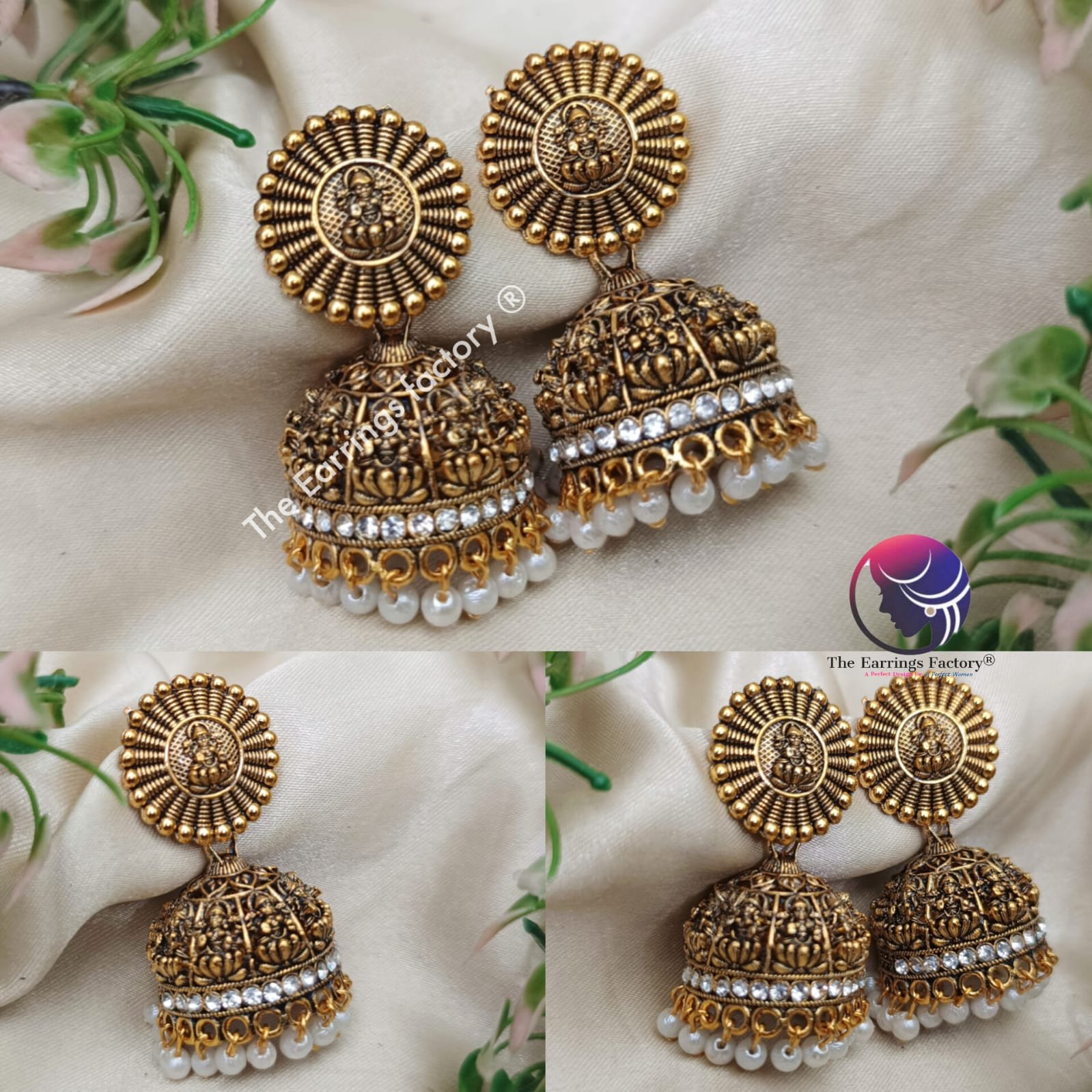 Traditional Golden Lakshmi Pearl beads Stone temple Jhumka
