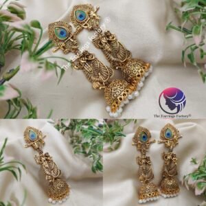 Traditional Peacock Feather Radha Krishna Golden Long Jhumka