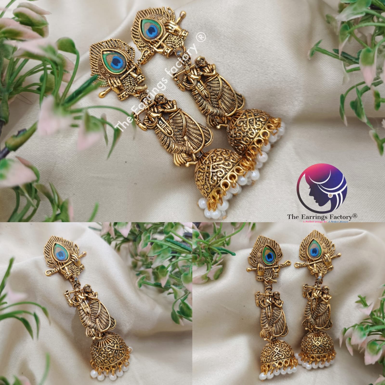 Traditional Peacock Feather Radha Krishna Golden Long Jhumka