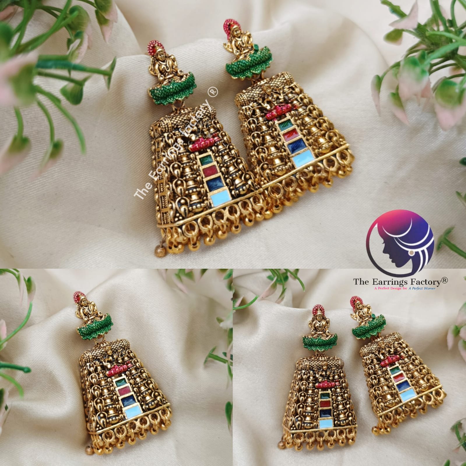 Traditional Gopuram Multi colour Golden Temple Jhumka