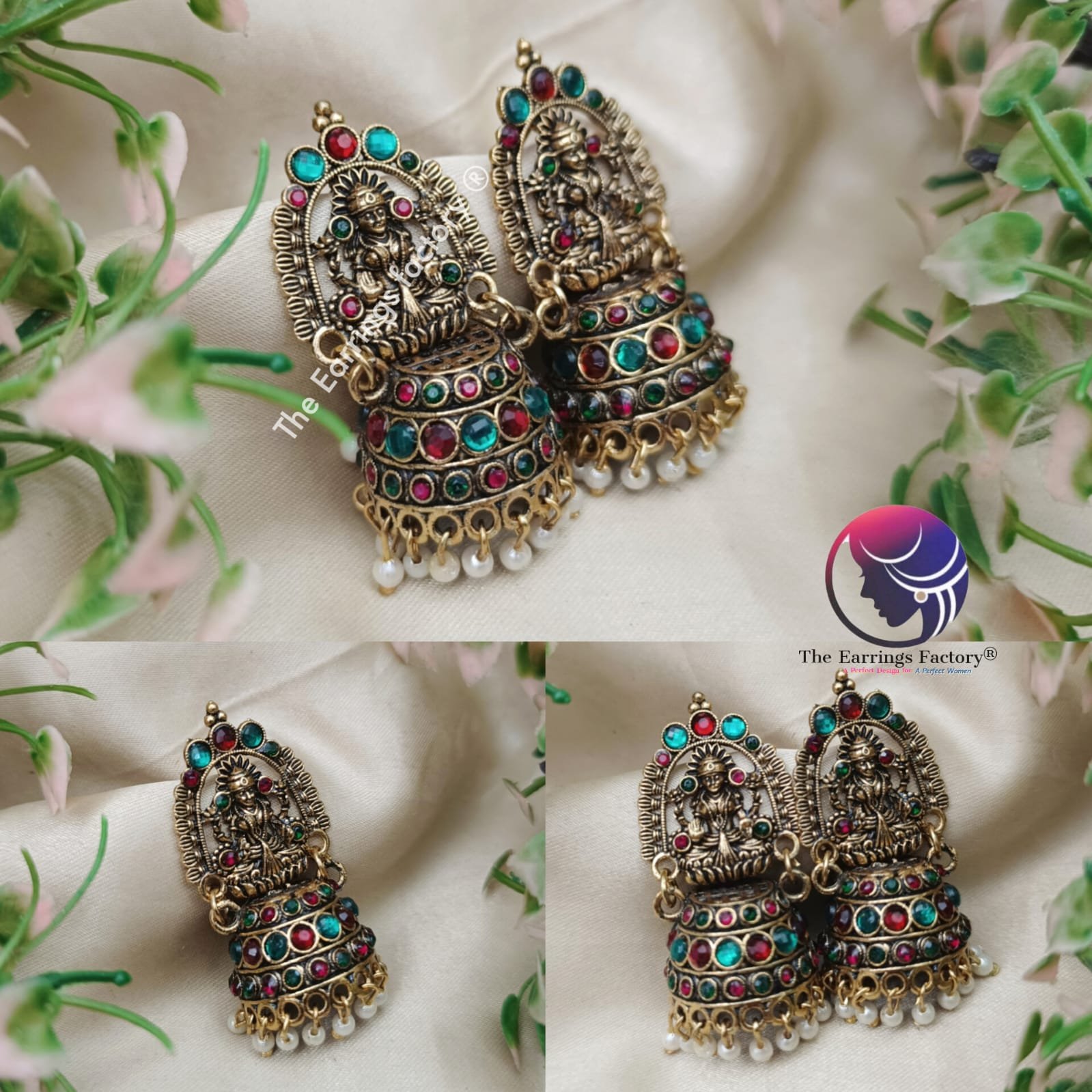 Traditional Golden Lakshmi Multi Stone temple Jhumka
