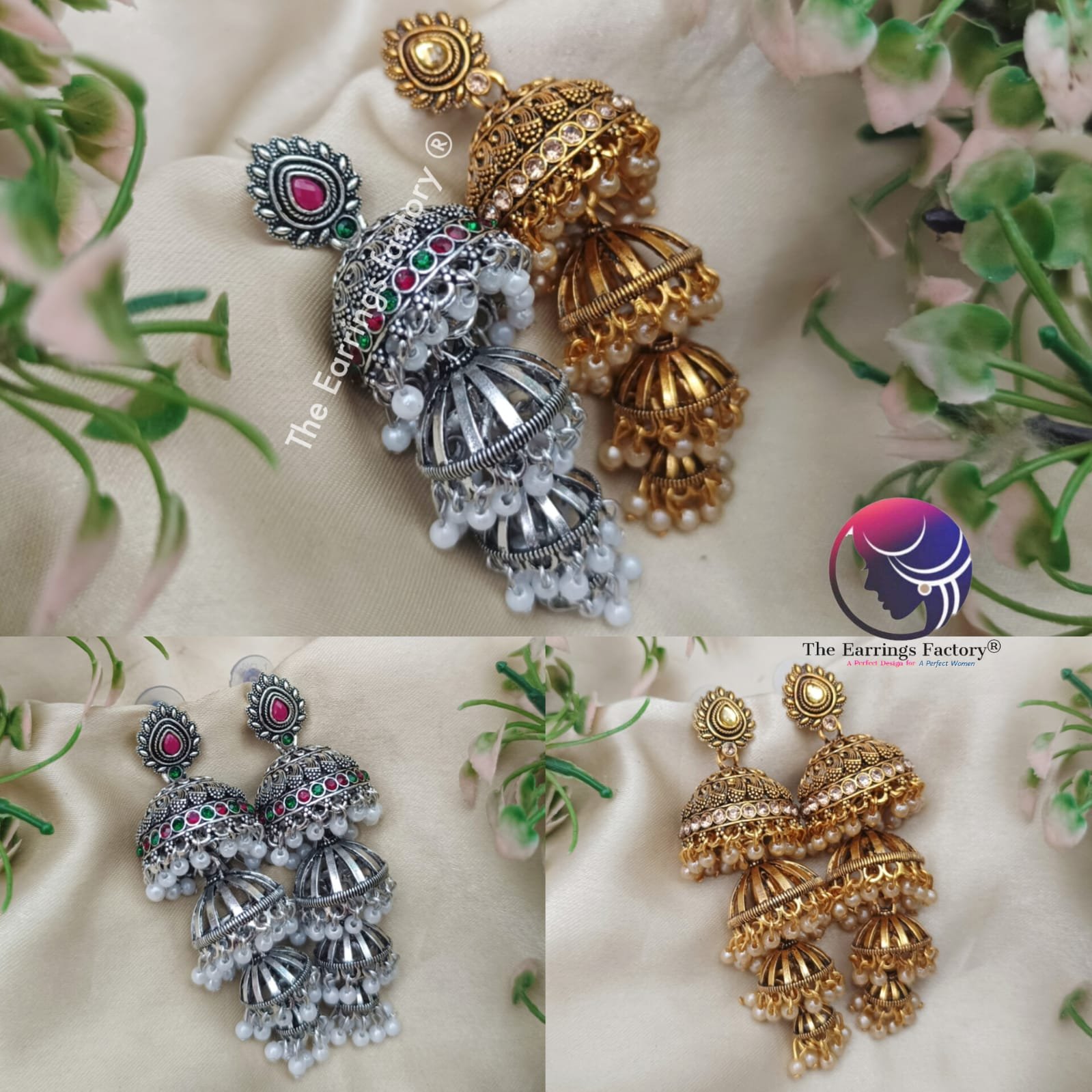 Traditional Golden |Silver Four Layer Stone Jhumka