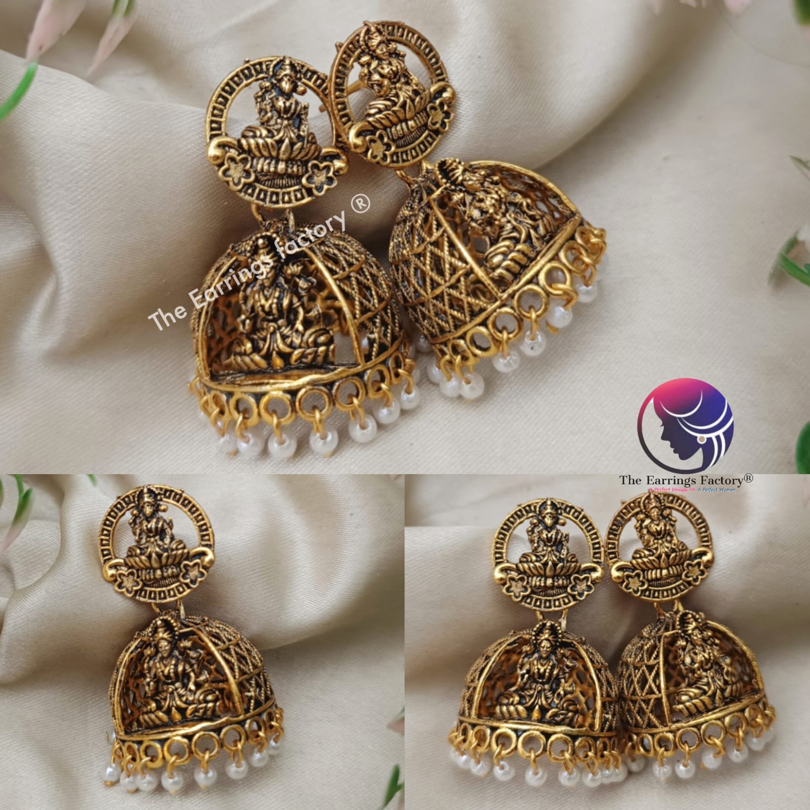 Traditional Golden Lakshmi Pearl beads temple Jhumka