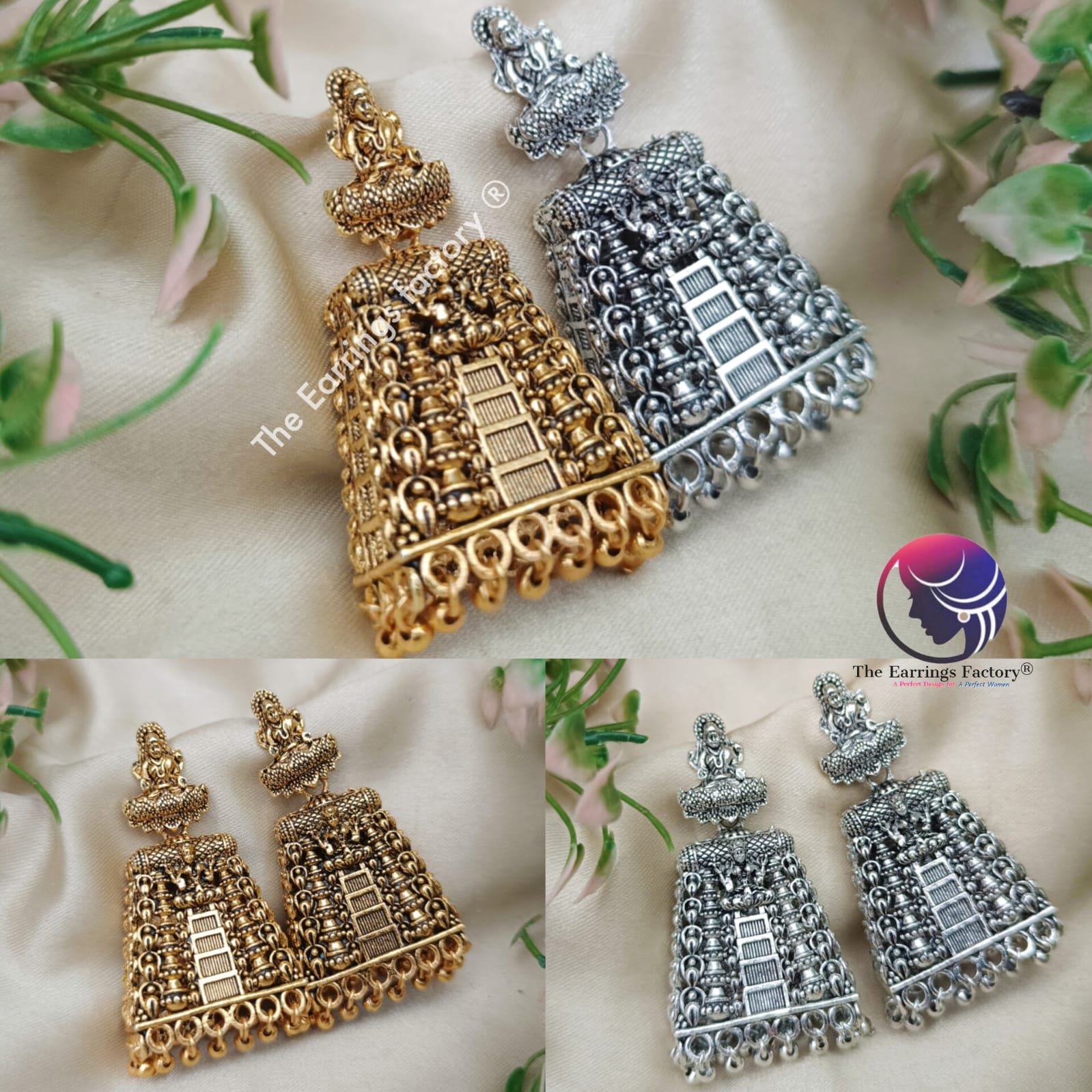Traditional Gopuram Golden | Silver Lakshmi Metal beads Jhumka