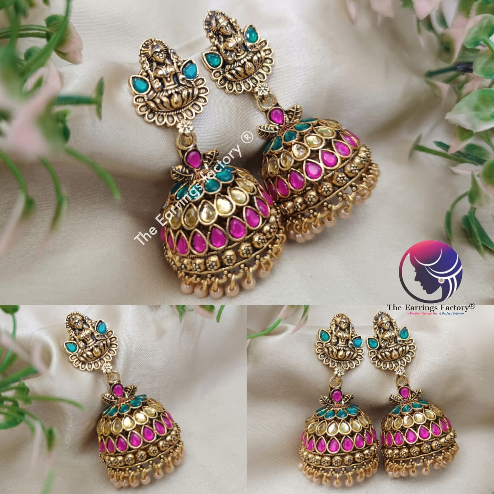 Traditional Golden Multi Stone Lakshmi Jhumka