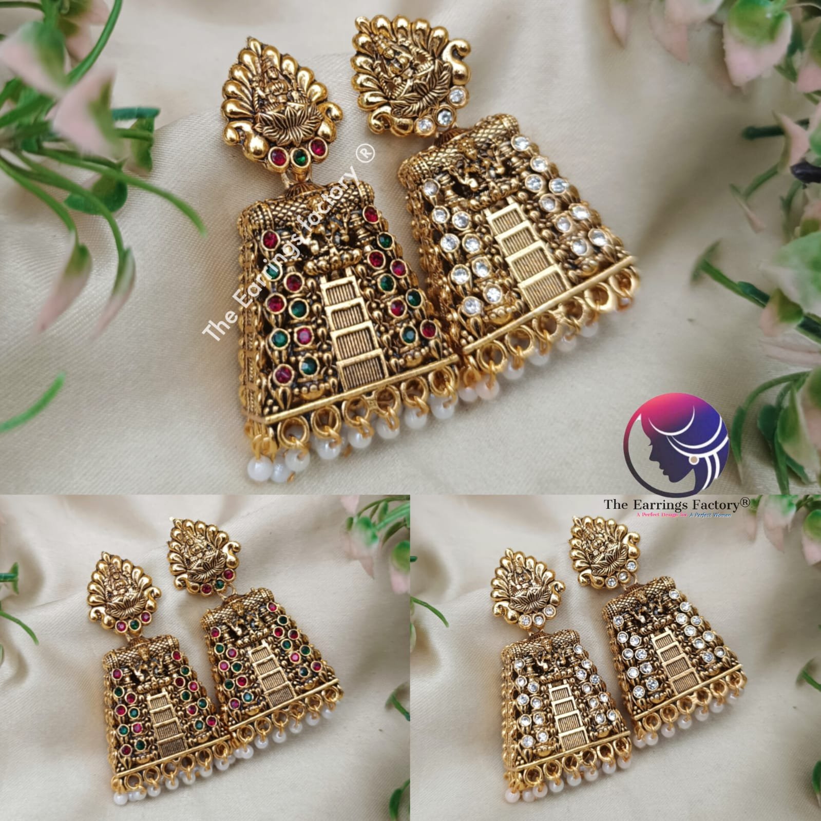 Traditional Gopuram Golden Lakshmi Stone Jhumka