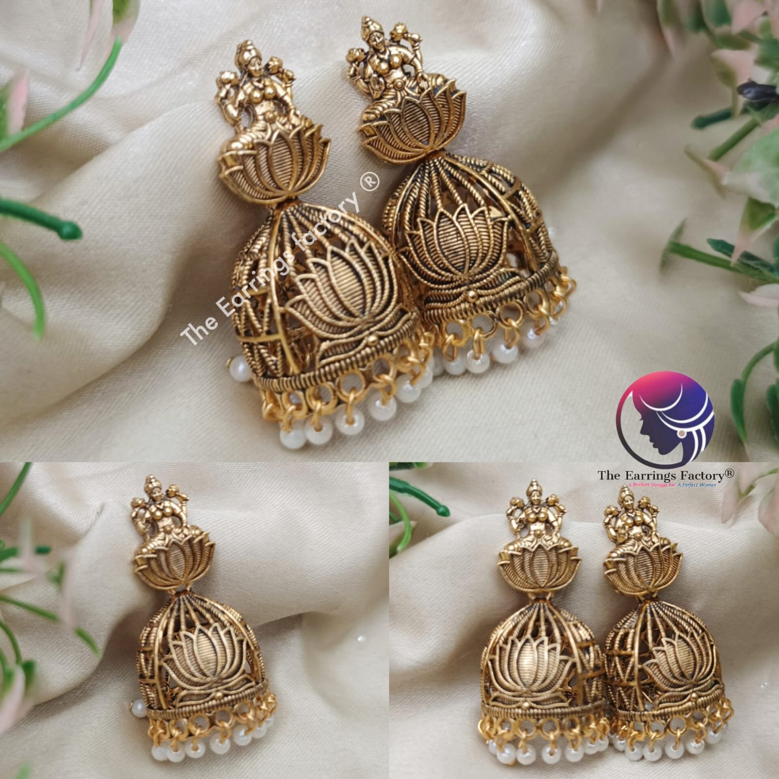 Traditional Golden Lakshmi Lotus temple Jhumka