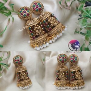 Traditional Golden Radha Krishna Pearl beads Multi stone Jhumka