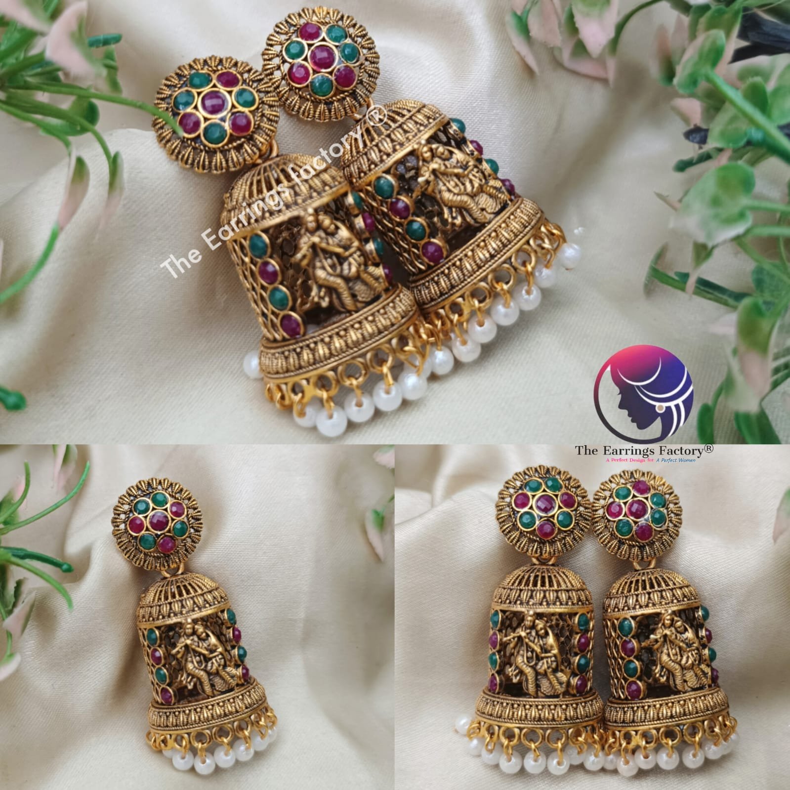 Traditional Golden Radha Krishna Pearl beads Multi stone Jhumka