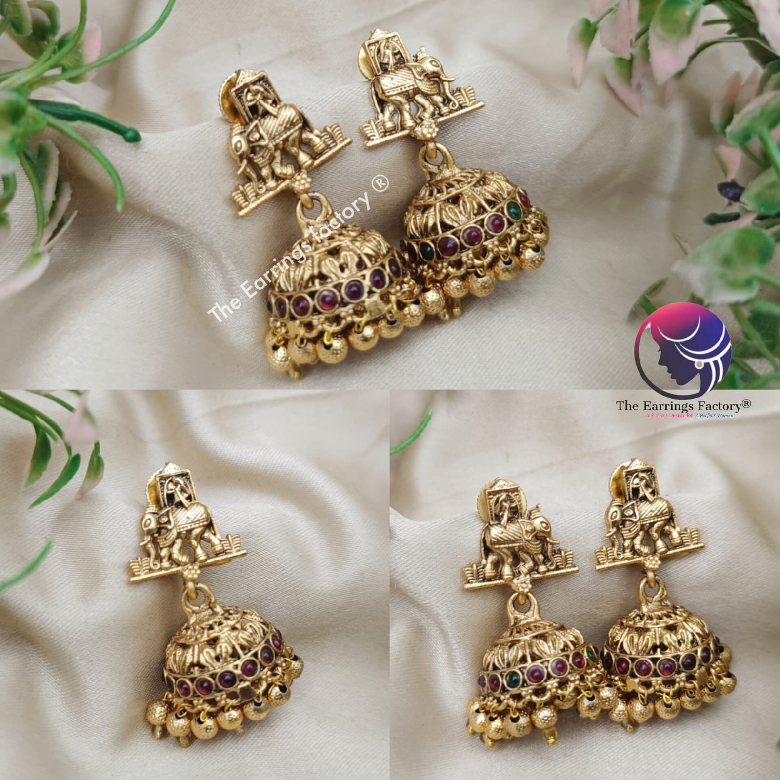 Traditional Elephant Antique Multi stone Temple Jhumka
