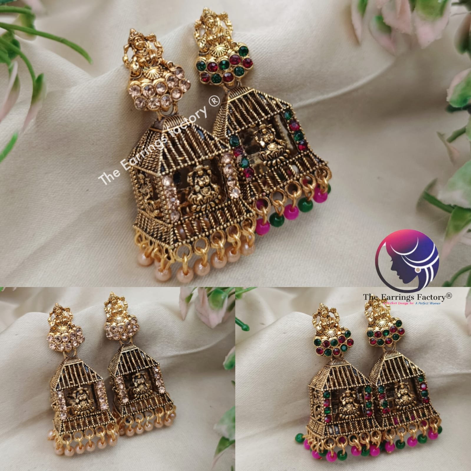 Traditional Golden Lakshmi pearl beads temple Stone Jhumka