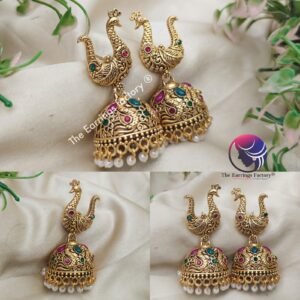 Traditional Golden Peacock pearl beads Multi Stone Jhumka