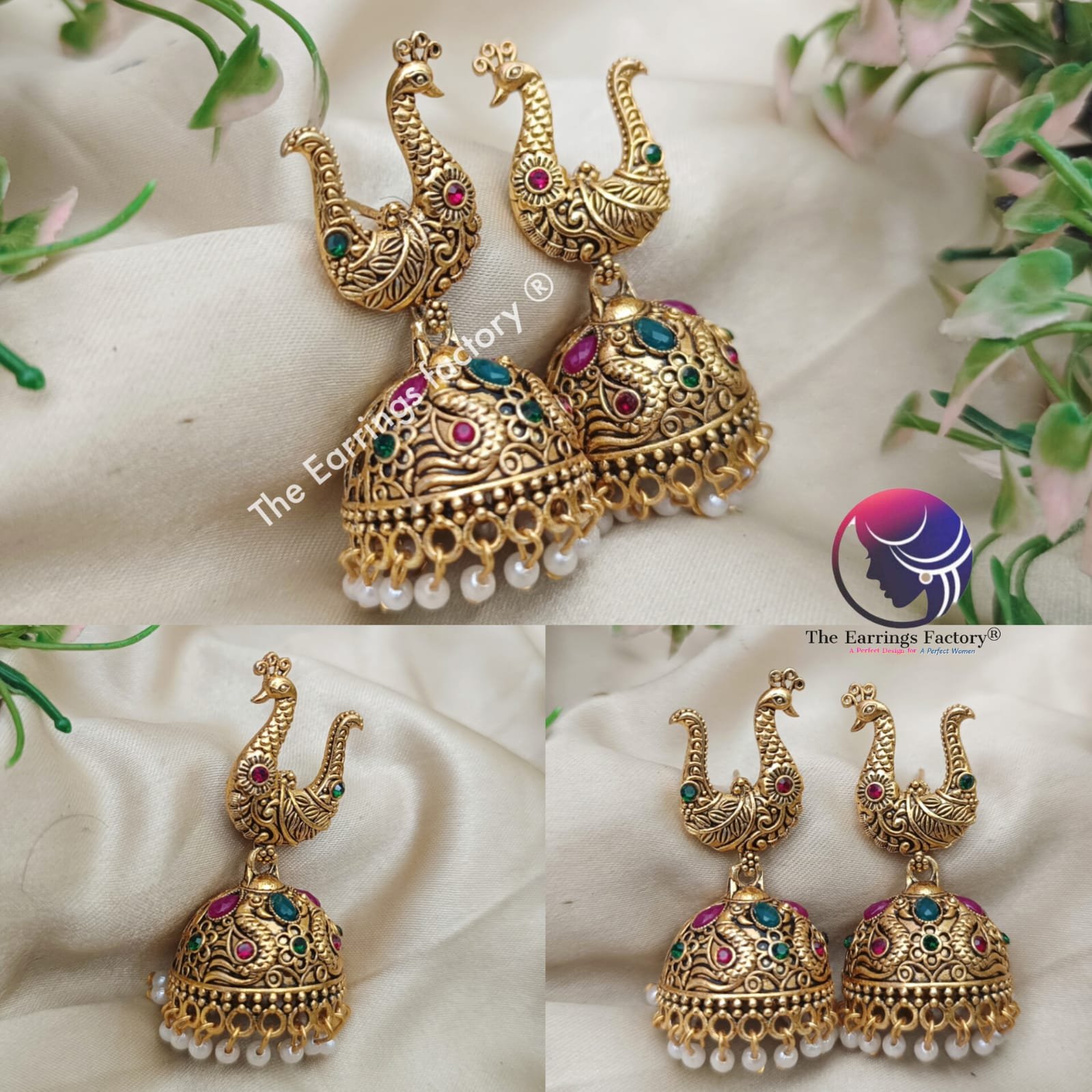 Traditional Golden Peacock pearl beads Multi Stone Jhumka