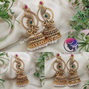 Traditional weightless Golden Peacock pearl beads Multi Stone Long Jhumka