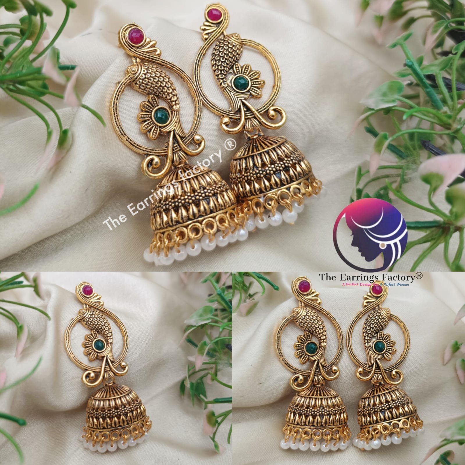 Traditional weightless Golden Peacock pearl beads Multi Stone Long Jhumka