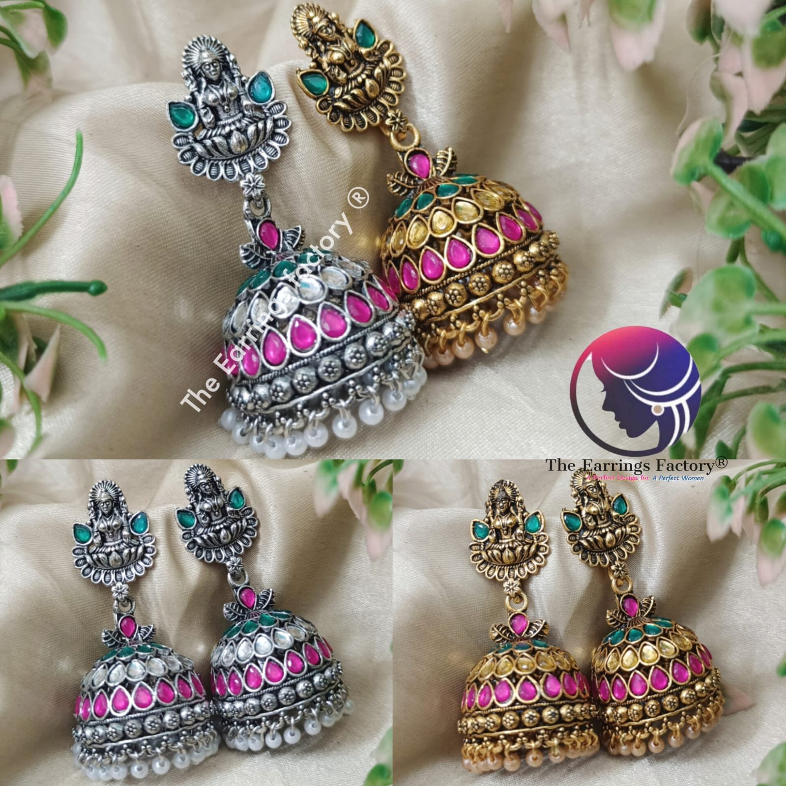 Traditional Golden | Silver Multi Stone Lakshmi Jhumka
